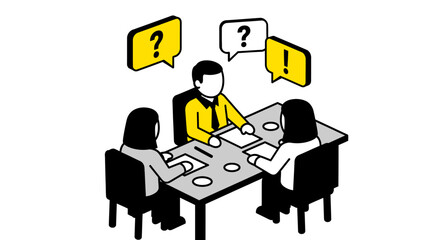 Three people sit at a table with question and exclamation marks above them.