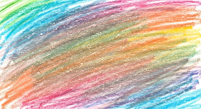 Colorful hand-drawn texture with diagonal scribbles of rainbow-colored crayons on a white surface.