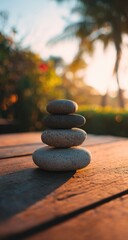 Stacked stones on a wooden table at sunset