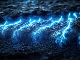 Electric blue lightning strikes illuminating a dark, textured surface in a dramatic and mesmerizing visual effect