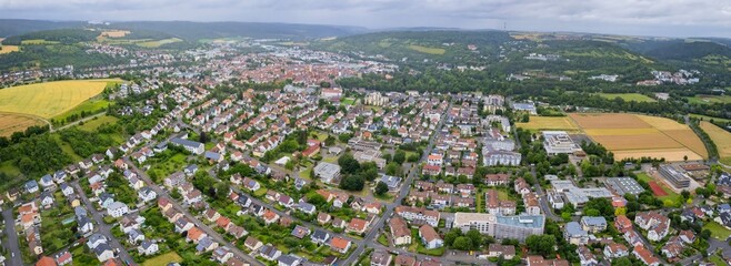 An aerial panorama view above the old town of the city Bad Mergentheim on a cloudy summer day in Bavaria, Germany