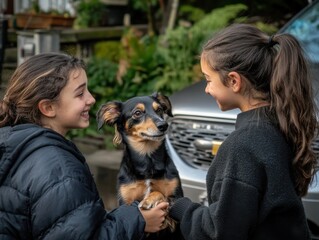 Two Girls Interacting with a Friendly Dog Outdoors Near a Car in a Lush Green Setting