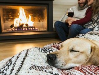 Cozy indoor winter evening with a sleeping dog, a crackling fireplace, and a couple enjoying red wine together