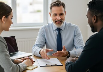 Obraz premium Confident diverse professionals collaborating and discussing contract details in a modern office meeting room, fostering success.