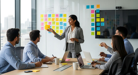Diverse Team Brainstorming Ideas in Modern Office with Sticky Notes