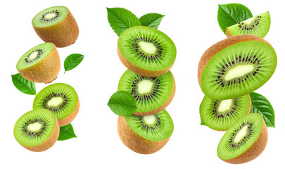 Fototapeta premium Fresh Kiwi Slices and Whole Fruits with Green Leaves on Transparent Background