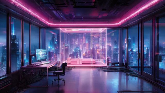 Futuristic bedroom with neon pink lighting, glass walls, cityscape view, modern workspace, high tech computer setup, vibrant urban atmosphere, sleek furniture, and stunning panoramic cityscape