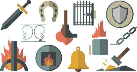 Fototapeta premium Decorative Medieval Elements Sword, Horseshoe, Gate, Shield, Chain, Bell, Hearth, and Blacksmith's Tools
