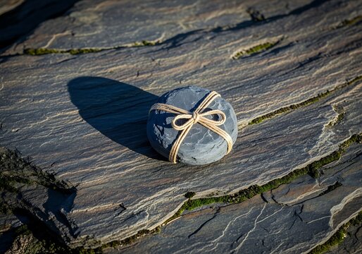 Natural presentation: a stone wrapped with string, resting on textured slate evoking calmness and simplicity in