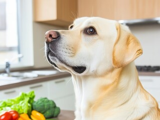 Loyal Yellow Labrador Retriever Dog Observing Fresh Vegetables in a Modern Kitchen Environment