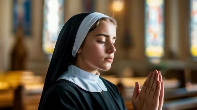 Young Catholic nun praying in catholic church..