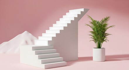 Modern White Staircase and Indoor Plant in Minimal Pink Scene