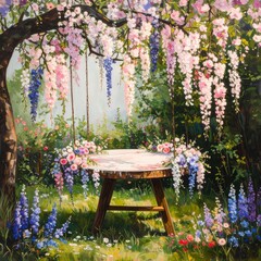 Naklejka premium Floral garden scene with round table
