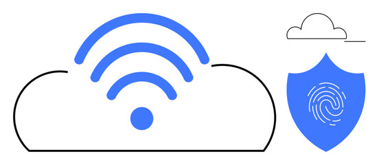 wireless signal on cloud, shield with fingerprint, small cloud accent. Ideal for technology, cybersecurity, cloud storage, data sharing, online access, privacy protection simple flat metaphor