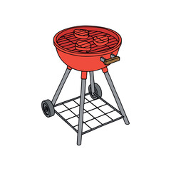 BBQ grill with steaks on white background. Color stylized illustration. Vector graphics. Cooking equipment.
