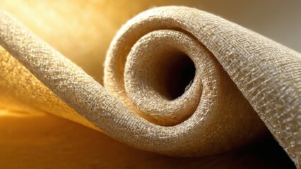 Closeup of tightly wound golden yellow fabric roll with woven texture and subtle sheen. Soft natural lighting accentuates intricate details.