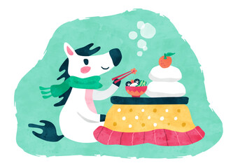 こたつでお雑煮を食べる馬 午年の正月の水彩イラスト