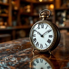 Classic vintage pocket watch style clock standing on a reflective wooden surface, symbolizing the passage of time and nostalgia