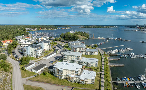 Aerial panorama view of multi story real estate apartment buildings in Vastervik used as vacation rentals in Sweden