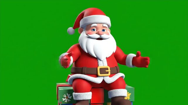 Animated Santa Claus Character Sitting on a Gift Box Against Green Background