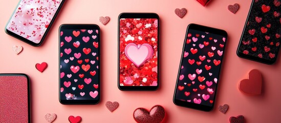 Several smartphones with heart-themed displays, surrounded by small heart decorations on a pale pink background