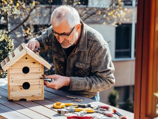 Senior Man Assembling Wooden Birdhouse with Hand Tools Outdoors on Sunny Day in Residential Area