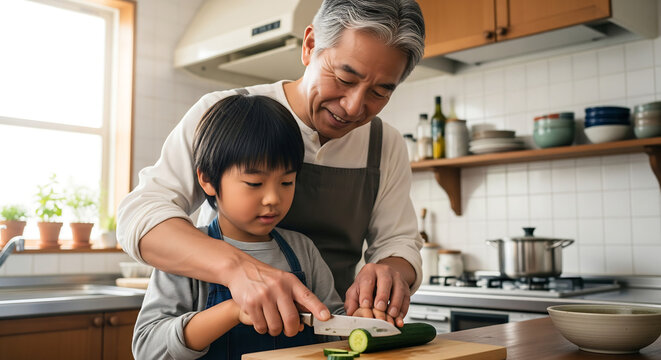 Grandfather and Grandson Cutting Vegetables Together in Kitchen, Cooking, Family Bonding