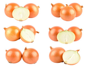Collection Of Yellow Onions With Single Sliced Half Portion And Transparent Background