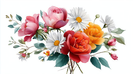 Fototapeta premium Colorful bouquet of roses and daisies with green leaves 
