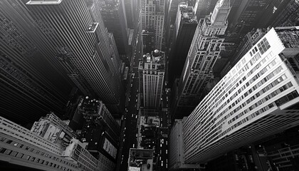 The illustration shows a high-angle, black and white view of densely packed city buildings and a street with traffic.