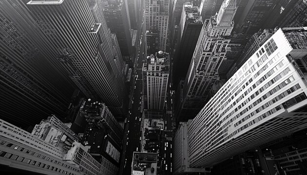 Fototapeta The illustration shows a high-angle, black and white view of densely packed city buildings and a street with traffic.
