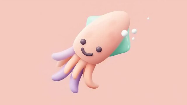 Cute cartoon squid character swimming in a pastel background with bubbles, ideal for children's content