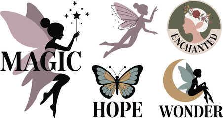 Fototapeta premium Fairies, Butterfly, Moon, Flowers, and Text with Magic, Hope, Wonder, Enchanted Words