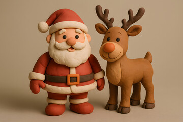 Cute claymation figures of Santa Claus and his reindeer friend standing together for a festive Christmas holiday celebration