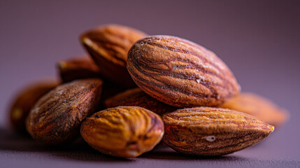 Close up shot of a small pile of almonds with their textured shells on a blurred background