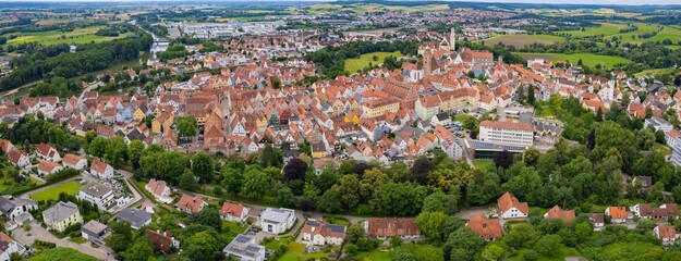 An aerial panorama view above the old town of the city Donauworth on a sunny summer day in Bavaria, Germany