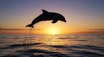 Dolphin jumping from ocean at sunset