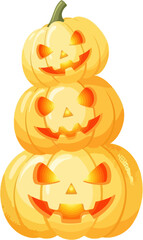 Stack of glowing jack o lantern pumpkins with carved faces isolated on white for halloween autumn spooky