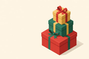 Obraz premium A stack of three colorful gift boxes, wrapped with ribbons, presented in an isometric 3D style on a plain light background.