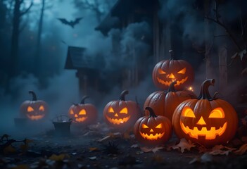 Fototapeta premium Halloween Background with Glowing Jack-o’-Lanterns