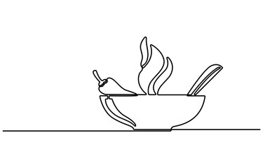 Noodles in the bowl, Bowl Spoon And Vegetables Children Food,Bowl Fire,Bowl With Spoon outline drawing illustration. one continuous line drawing of ramen noodles with chopstick.