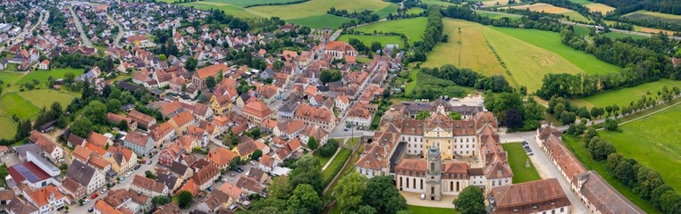An aerial panorama view above the old town of the city Ellingen on a sunny summer day in Bavaria, Germany