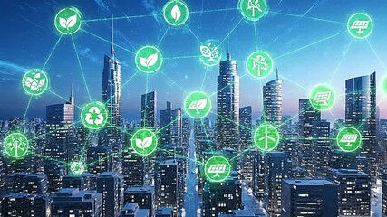 Cityscape with superimposed green energyecofriendly icons connected by lines - Powered by Adobe