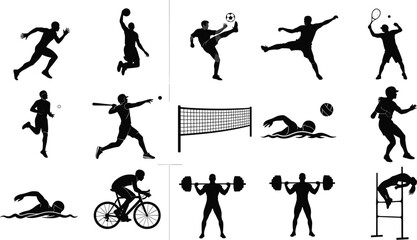 Sports silhouettes, athletes running, jumping, swimming, cycling, playing volleyball, baseball, tennis, weightlifting, high jump, active lifestyle, fitness, workout, training, sports competition