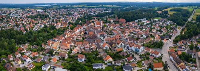 An aerial panorama view above the old town of the city Hilpoltstein on a sunny summer day in Bavaria, Germany