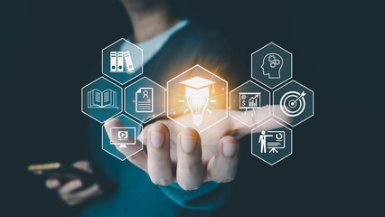 A person holds a hand showing glowing icons for learning, skill development, and career growth. The...