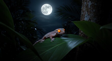 Gecko on leaf under moonlight in jungle