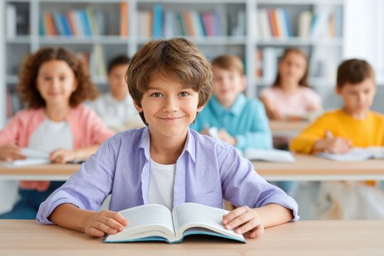 A happy young boy with a book in a classroom with other students and bookshelves in the background.