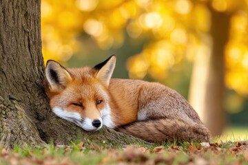 Fototapeta premium A peaceful red fox is resting curled up next to a tree trunk, with a vibrant golden autumn background.