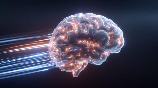 Human brain with neural network and light trails